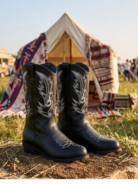 SheSole Black Wide Calf Cowboy Boots Size 9 Embroidered Western Festival Rodeo